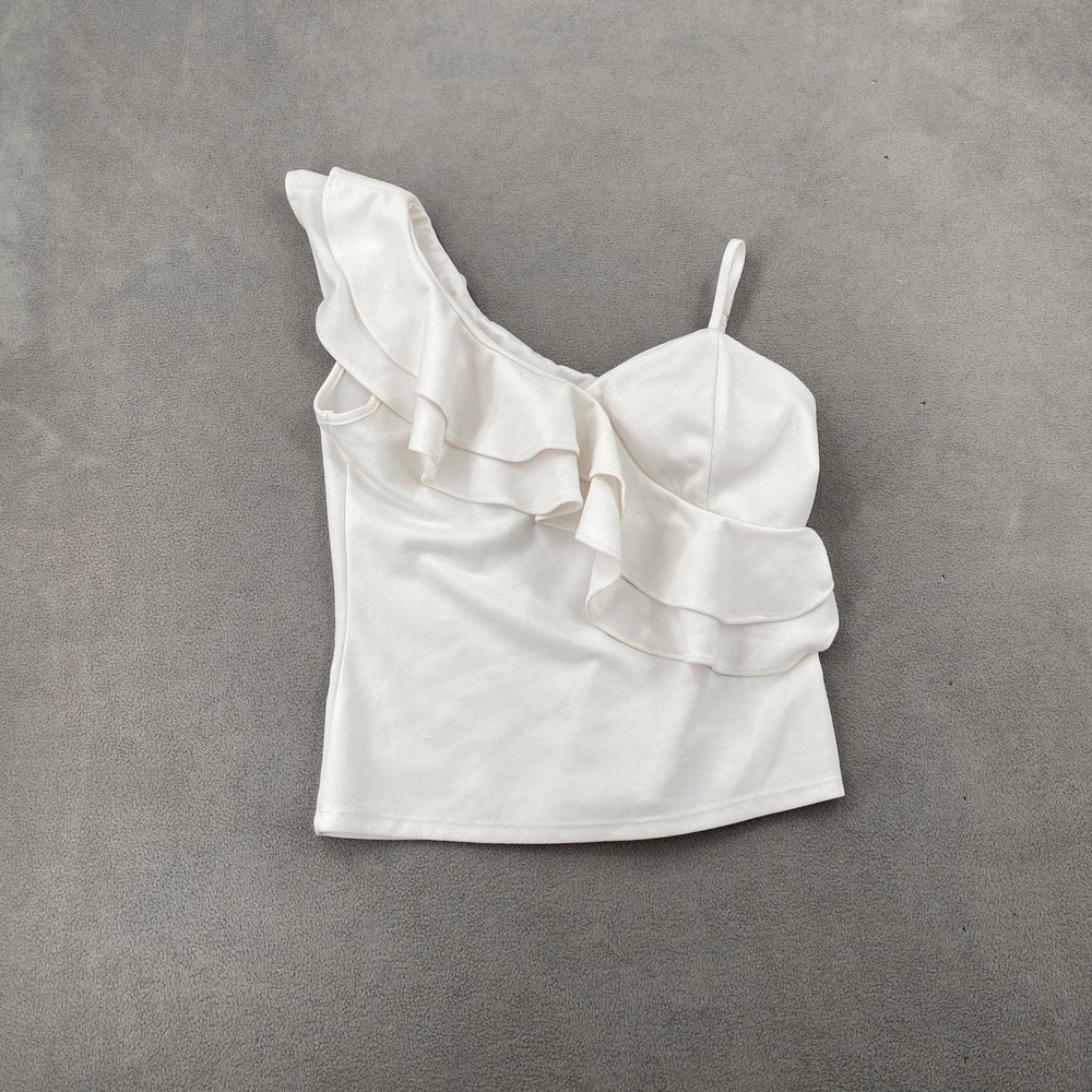 Lovely Fashion Boutique White One Shoulder Ruffle Top XL Adjustable Strap